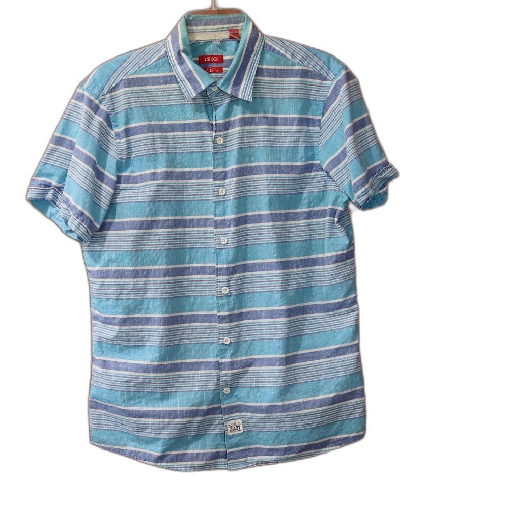 Izod Blue Casual Button Down Shirt with Striking Stripes Medium